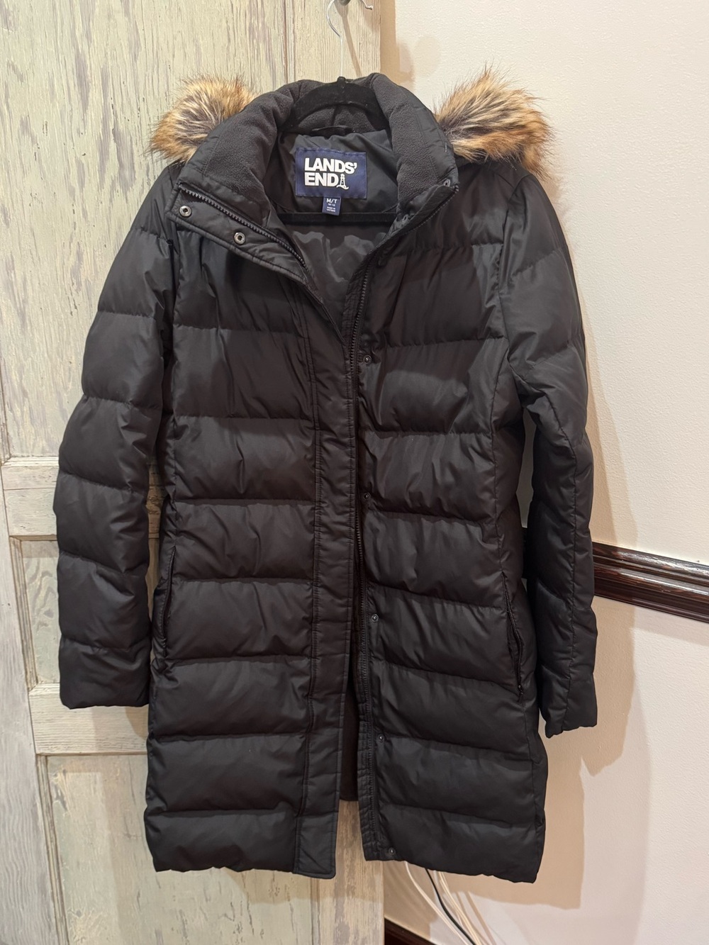 Lands End Down Puffer Parka Jacket with Faux Fur Hood Mid Thigh black Med tall